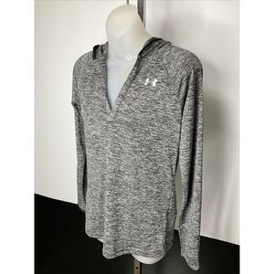 𝅺UNDER Armour Running Hoodie Shirt Womens XS Grey Stretch Heatgear Long Sleeved